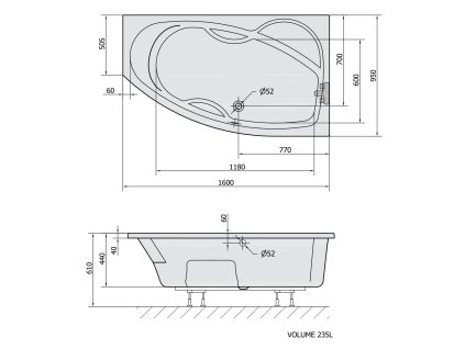 Polysan MAMBA R asymetrická vana 160x95x44cm, bílá 28111
