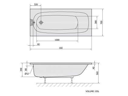 Polysan LAURA obdélníková vana 160x70x39cm, bílá 24611