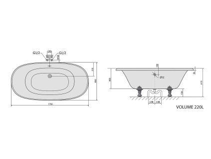 Polysan REGATA volně stojící vana 175x85x61cm, nohy bílé, černá/bílá 10261