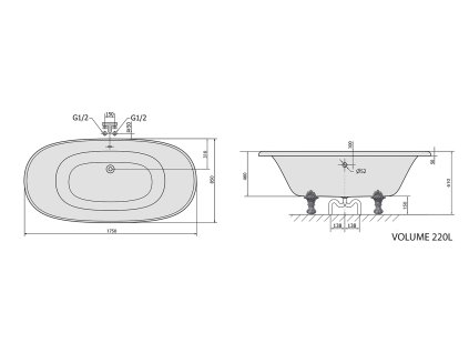 Polysan REGATA volně stojící vana 175x85x61cm, nohy bronz, bílá 10121
