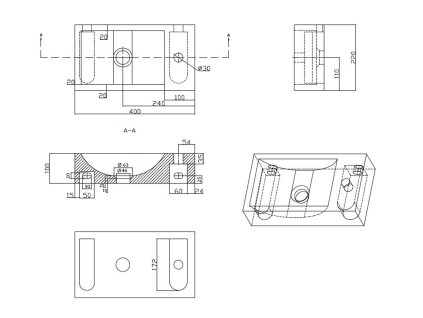 Sapho BLOK 40 x 10 x 22 cm 2401-28 umývátko otvor vpravo antracit
