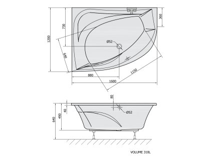 Polysan TANYA L 160 x 120 x 49 cm 65219 asymetrická vana s konstrukcí levá bílá
