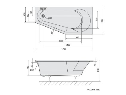Polysan TIGRA R 170 x 80 x 46 cm asymetrická vana pravá černá mat 90611.21