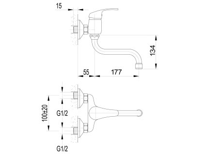 Aqualine 35 nástěnná dřezová baterie rozteč 100 mm, ramínko S, 177mm, chrom 52232