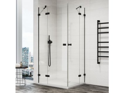 SanSwiss ANNEA Black 75 cm jednokřídlé dveře s pevnou stěnou v rovině s L-kováním / 1 strana rohového vstupu - montáž vpravo - černá/sklo transparent AN13WDSM10607