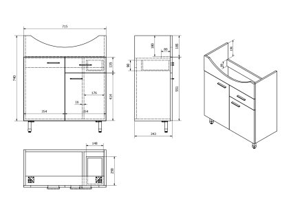 Aqualine ZOJA umyvadlová skříňka 71,5x74x34  cm dub platin 51175