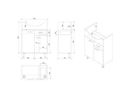 Aqualine ZOJA umyvadlová skříňka 61,5x74x32 cm 2x dvířka, 1x zásuvka, dub platin 51165