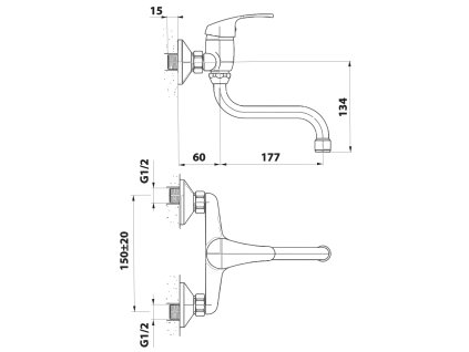 Aqualine 35 nástěnná dřezová baterie rozteč 150 mm ramínko S 177 mm chrom 52146