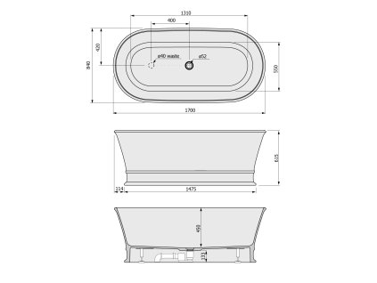 Polysan DELONIX volně stojící vana litý mramor 170 x 84 x 62 cm bílá 92130