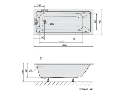 Polysan NOEMI obdélníková vana 170 x 70 x 39 cm bílá mat 71708.11