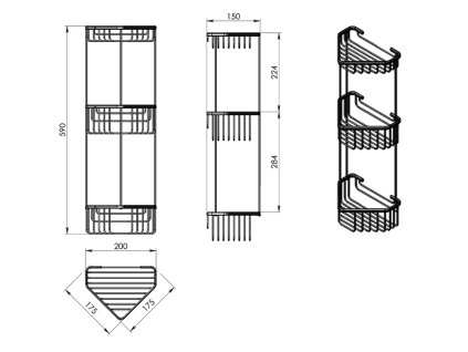 Gedy Smart drátěná koupelnová rohová police třípatrová chrom 2484