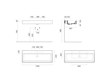 GSI Kube X umyvadlo 120 x 47 cm 3 otvory pro baterii s přepadem keramické bílá Extra Glaze 9424311