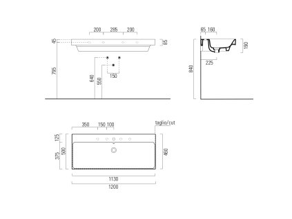 GSI Nubes umyvadlo 120 x 50 cm 3 otvory pro baterii s přepadem keramické bílá Extra Glaze 9624311