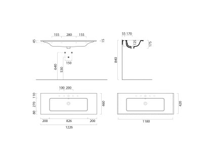 GSI Pura umyvadlo Slim 122 x 46 cm bez otvoru pro baterii s přepadem keramické bílá Extra Glaze 8887011