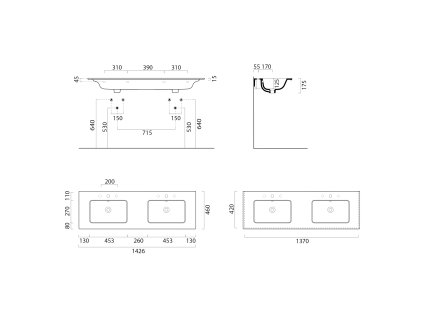 GSI Pura dvojumyvadlo Slim 142 x 46 cm s otvorem pro baterii s přepadem keramické bílá Extra Glaze 8889111