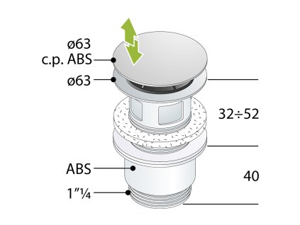 Bruckner umyvadlová výpust 5/4 click-clack velká zátka 32-52 mm plast chrom 151.309.1