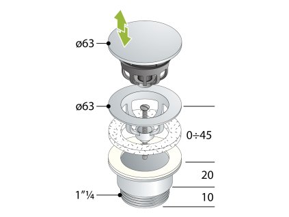 Omp Tea umyvadlová výpust 5/4 click-clack velká zátka 10-45 mm chrom 7532.310.5
