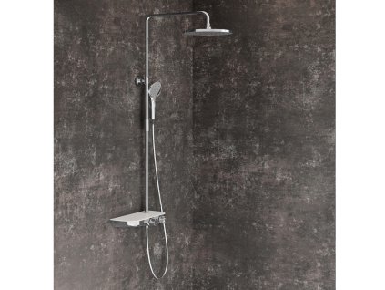 Ravak TE 094.01CR/WH Sprchový sloup s termostatickou baterií, posuvný, s funkcí Stop, s poličkou, se sprchovým setem, chrom/bílá