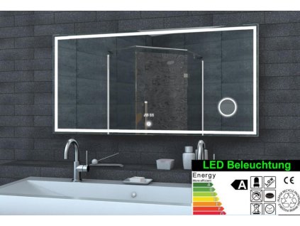 Zrcadlo s kosmetickým zrcátkem, hodinami a LED osvětlením, 1200x600x32 mm (bssLMC1260A)