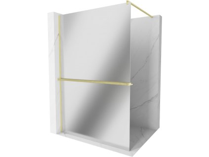 MEXEN/S - Kioto+ Sprchová zástěna WALK-IN s poličkou a držákem ručníků 90 x 200 cm, zrcadlová, zlatá kartáčovaná 800-090-121-55-50