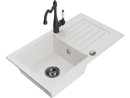 MEXEN/S - Pablo granitový dřez 1 s odkapávačem včetně baterie Carla, bílá 6510-20-670700-70