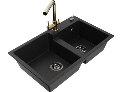 MEXEN/S - Tomas granitový dřez 2-bowl včetně baterie Duero, černá 6516-77-671600-50-B