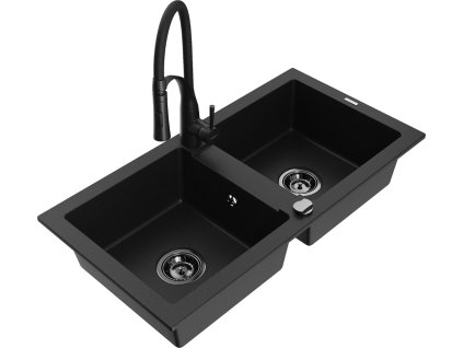 MEXEN/S - Mario granitový dřez 2-bowl včetně baterie Aster, černá 6504-77-73450-70-B  DOPRAVA ZDARMA