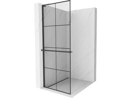 MEXEN/S - Kioto+ L Sprchová zástěna WALK-IN s poličkou a držákem ručníků 90 x 200 cm, černý vzor, černá 800-090-123-70-77