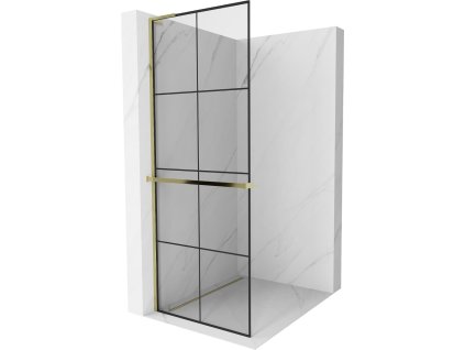 MEXEN/S - Kioto+ L Sprchová zástěna WALK-IN s poličkou a držákem ručníků 90 x 200 cm, černý vzor, zlatá 800-090-123-50-77