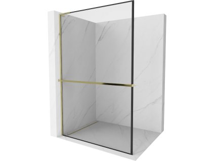 MEXEN/S - Kioto+ L Sprchová zástěna WALK-IN s poličkou a držákem ručníků 90 x 200 cm, černý vzor, zlatá 800-090-123-50-70