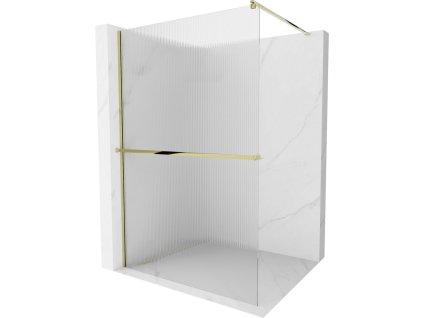 MEXEN/S - Kioto+ Sprchová zástěna WALK-IN s poličkou a držákem ručníků 90 x 200, proužky 8 mm, zlatá 800-090-121-50-09