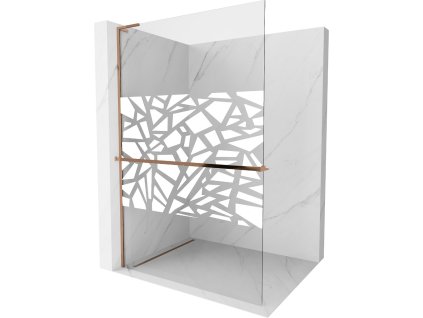 MEXEN/S - Kioto+ L Sprchová zástěna WALK-IN s poličkou a držákem ručníků 90 x 200 cm, bílý vzor, růžové zlato 800-090-123-60-85
