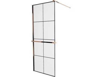 MEXEN/S - KIOTO Sprchová zástěna WALK-IN s poličkou a držákem ručníků 70 x 200, transparent/černá 8 mm, růžové zlato 800-070-121-60-77