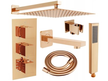 MEXEN/S - Cube DR02 podomítkový vanový SET s vytokovou hubicí + slim sprcha 25 cm, růžové zlato 77503DR0225-60 DOPRAVA ZDARMA