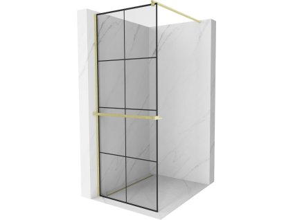 MEXEN/S - Kioto+ Sprchová zástěna WALK-IN s poličkou a držákem ručníků 90 x 200 cm, černý vzor, zlatá kartáčovaná 800-090-121-55-77