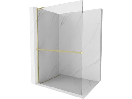 MEXEN/S - Kioto+ L Sprchová zástěna WALK-IN s poličkou a držákem ručníků 85 x 200 cm, transparent, zlatá kartáčovaná 800-085-123-55-00