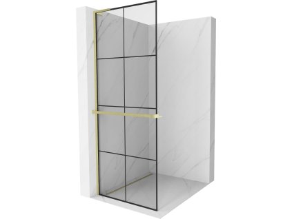 MEXEN/S - Kioto+ L Sprchová zástěna WALK-IN s poličkou a držákem ručníků 90 x 200 cm, černý vzor, zlatá kartáčovaná 800-090-123-55-77