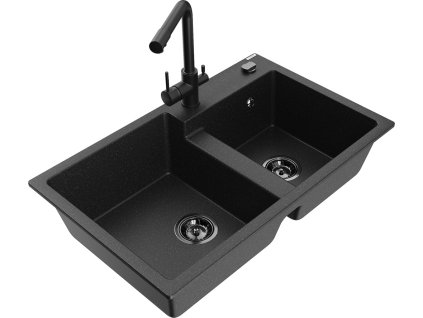 MEXEN/S - Tomas granitový dřez 2-bowl včetně baterie Duero, černá/srebrny metalik 6516-73-671600-70-B