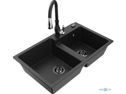 MEXEN/S - Tomas granitový dřez 2-bowl včetně baterie Savita, černá/stříbrná metalik 6516-73-672601-70-B