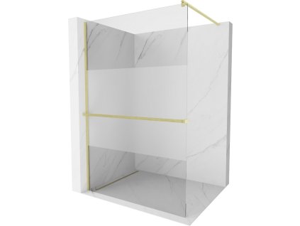 MEXEN/S - Kioto+ Sprchová zástěna WALK-IN s poličkou a držákem ručníků 90 x 200 cm, transparent/dekor, zlatá kartáčovaná 800-090-121-55-35