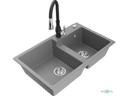 MEXEN/S - Tomas granitový dřez 2-bowl včetně baterie Savita, šedá 6516-71-672601-70