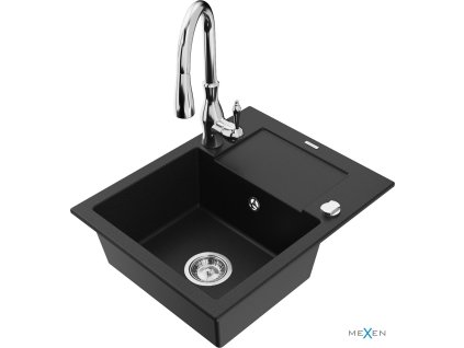 MEXEN/S - Enzo granitový dřez 1 s odkapávačem včetně baterie Savita, černá 6506-77-672601-00