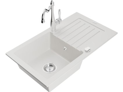 MEXEN/S - Pablo granitový dřez 1 s odkapávačem včetně baterie Carla, bílá 6510-20-670700-00