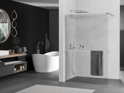 MEXEN/S - KIOTO Sprchová zástěna WALK-IN s poličkou a držákem ručníků 90 x 200, transparent 8 mm, chrom 800-090-121-01-00
