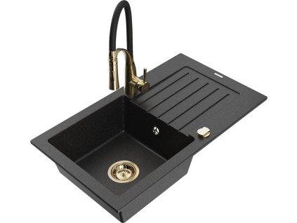 MEXEN/S - Pablo granitový dřez 1 s odkapávačem včetně baterie Aster, černá/stříbrná metalik 6510-73-73450-57-G