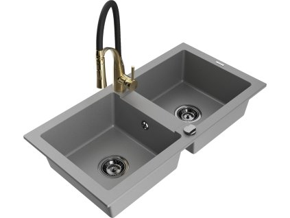 MEXEN/S - Mario granitový dřez 2-bowl včetně baterie Aster, šedá 6504-71-73450-57-B  + slevový kód