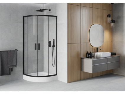MEXEN/S - Rio čtvrtkruhový sprchový kout 90 x 90, transparent, černá + vanička Rio 863-090-090-70-00-4710