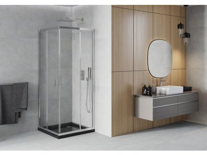 MEXEN/S - Rio čtvercový sprchový kout 90 x 90, transparent, chrom + vanička se sifonem Flat, černý 860-090-090-01-00-4070