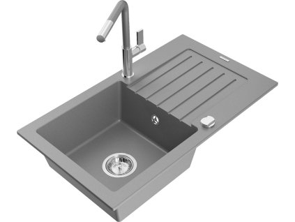 MEXEN/S - Pablo granitový dřez 1 s odkapávačem včetně baterie Flora, šedá 6510-71-670401-06