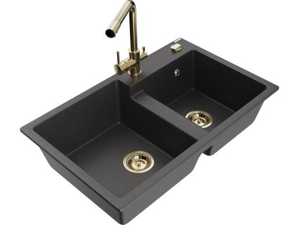 MEXEN/S - Tomas granitový dřez 2-bowl včetně baterie Duero, černá kropenatá 6516-76-671600-50